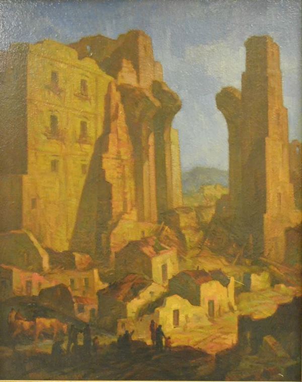 Vincenzo Vinciguerra (Caccamo 1922)  RICOSTRUZIONE  olio su truciolato, cm 100x80, datato 1979