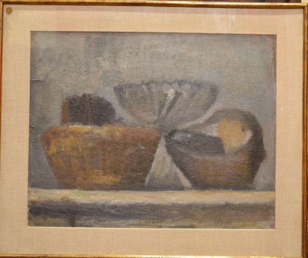 Mario Marcucci (Viareggio (LU) 1910 - 1992) NATURA MORTA olio su tela applicata su compensato, cm 40x50, sul retro: titolato e datato 1959 Esposizioni: VIII Quadriennale Nazionale d'arte di Roma, Roma, 1959-1960 