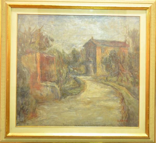 Renato Santini (Viareggio (LU) 1912) PAESAGGIO  olio su tavola, cm 61,5x67, firmato, sul retro: etichetta Unione Fascista Professionisti ed Artisti