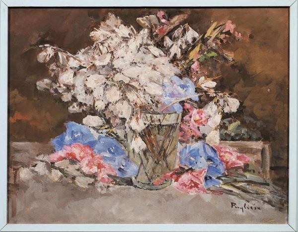 Scuola italiana, sec. XX  BICCHIERE CON FIORE  acquarello su carta, cm 30x20, firmato Pugliesi