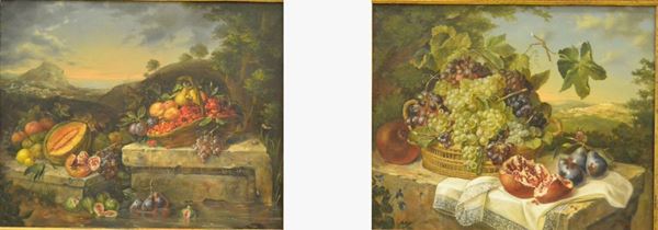 Scuola Italia centrale, sec. XX   DUE NATURE MORTE CON FRUTTA E PAESAGGI   olio su tela, cm 50x40   firme illeggibili