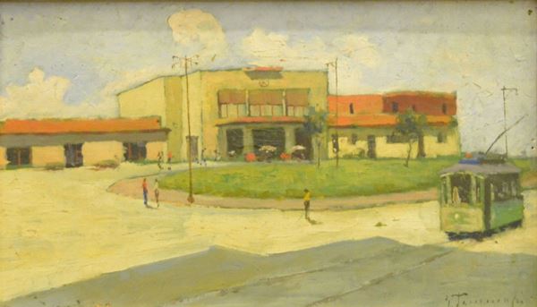 Gino Tommasi ( 1880-1942 )  STAZIONE DI VIAREGGIO  olio su tavoletta, cm 30x18  - Asta Gioielli, Argenti, Design, Mobili, Oggetti d'arte, Dipinti ed Arte Orientale - Poggio Bracciolini Casa d'Aste
