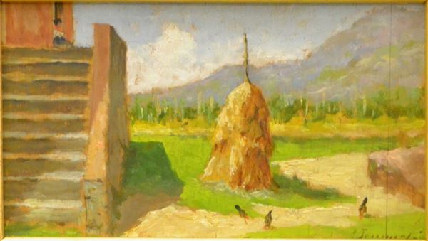 Gino Tommasi ( 1880-1942 )  AIA CON COVONE  olio su tavoletta, cm 16,5x10