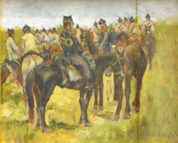 Gino Tommasi ( 1880-1942 )  SOLDATI A CAVALLO  olio su tavoletta, cm 17,5x15