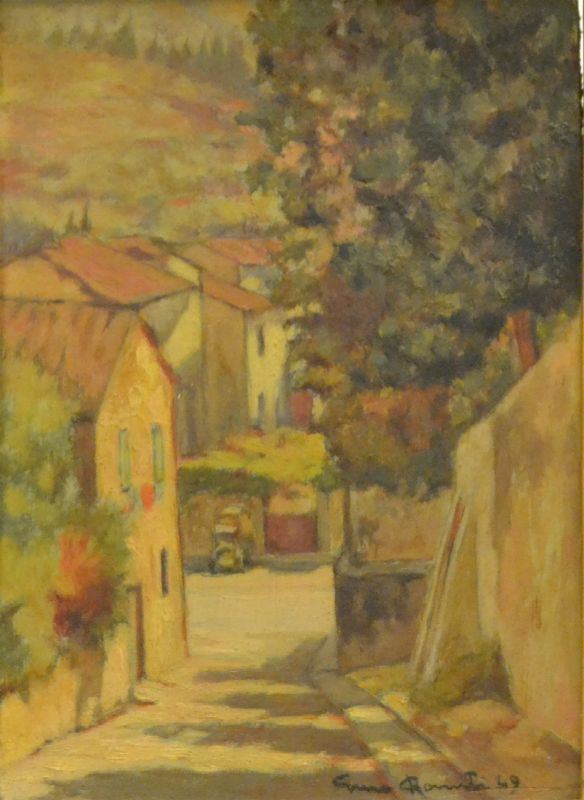 Gino Romiti ( Livorno 1881-1967 )  STRADA DI PAESE olio su masonite, cm 12,5x18