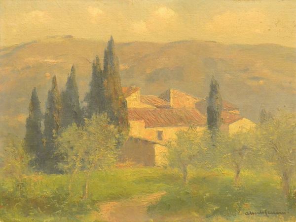 Alberto Cecconi ( 1897-1971 )  PAESAGGIO CON COLONICA  olio su cartoncino, cm 40x30