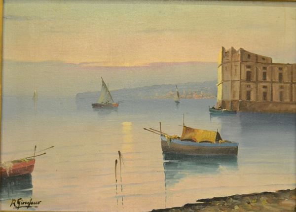 Scuola Italiana, sec. XX   MARINA CON BARCHE   olio su tela, cm 66,5x48   firmato Giordano
