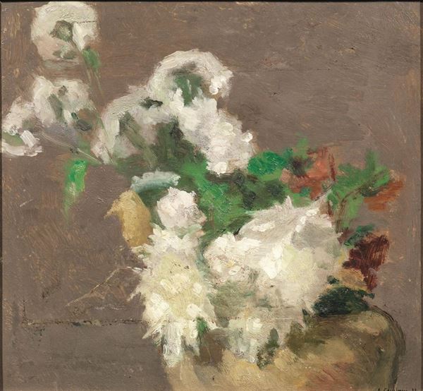 Adone Comboni  (Riva di Trento 1880 - Venezia 1959)   VASO DI FIORI   olio su cartoncino, cm 26x27  firmato e datato A. Comboni 33
