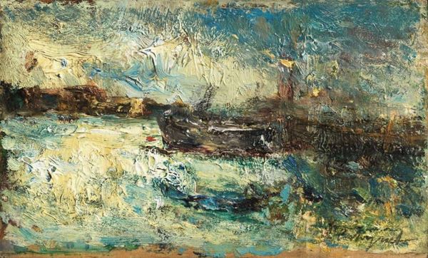Vittorio Castagneto (Rapallo 1875 - Torino 1958)   MARINA   olio su cartone cm 10,5x17, firmato e datato 1920
