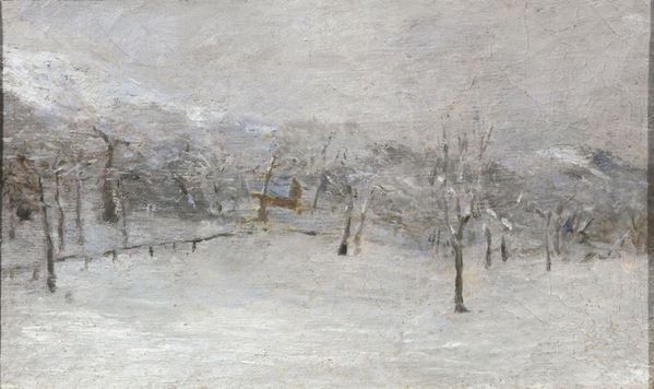 Achille Tominetti  (Milano 1848 - Miazzina (NO) 1917)   PAESAGGIO INNEVATO  olio su tavoletta, cm 20x34