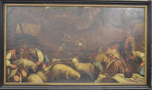 Scuola dei Bassano, sec. XVII   PAESAGGIO CON PASTORI E ARMENTI  olio su tela, cm 80x130 circa