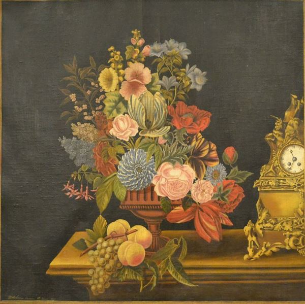 Delabroize S. James   NATURA MORTA CON FIORI E FRUTTA   olio su tela, cm 100x99   datato 1866