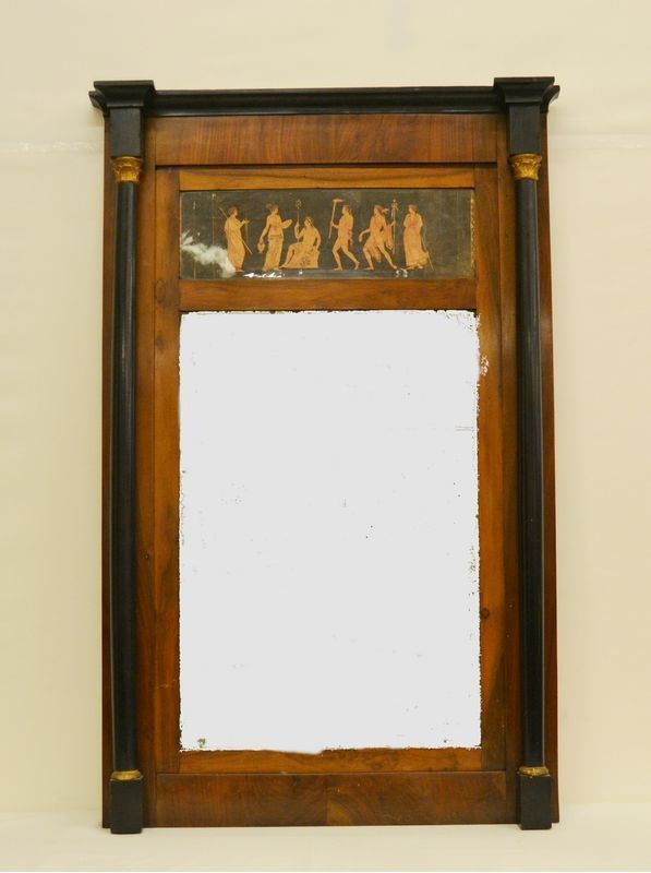 Specchiera, Impero, in noce, con pannello decorato a FIGURE EGIZIE, colonne laterali ebanizzate, alt. cm 127,5