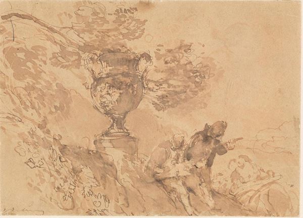 Attribuito a Giuseppe Bernardino Bison   (Palmanova del Friuli 1762 - Milano 1844)   SCENA GALANTE IN UN PARCO   Penna e inchiostro bruno su carta avana. mm 143x196.