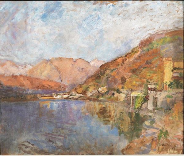Vittorio Castagneto (Rapallo 1875 - Torino 1958)   PAESAGGIO LACUSTRE   olio su tavoletta, cm MISURE firmato e datato V. Castagneto 89