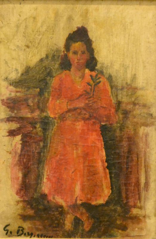 Guido Borgianni ( New York 1945 )  BAMBINA CON FIORE  olio su tela riportata su compensato, cm 20x30