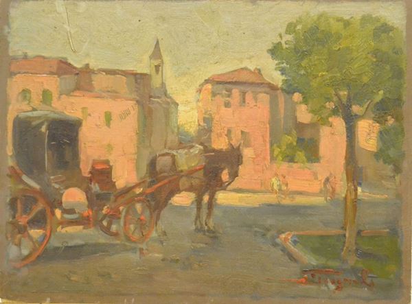 Ovidio Gragnoli ( 1893-1953 )  CAVALLO CON CALESSE  olio su tavoletta, cm 40x30