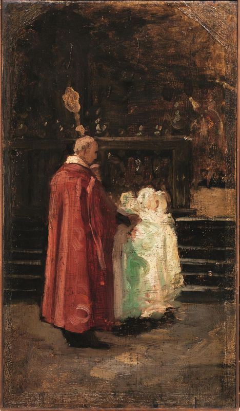Scuola Lombarda, sec. XIX   IL BATTESIMO   olio su tavola, cm 50x30