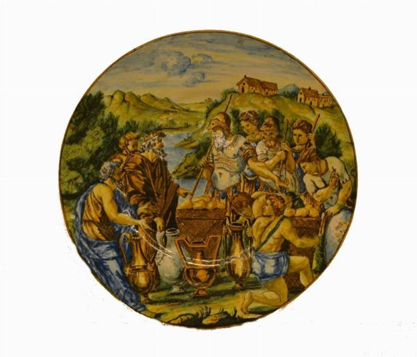 Piatto, Italia centrale, sec. XIX, in maiolica, decorato a SCENA MITOLOGICA, diam. cm 32