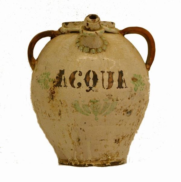 Fiasca, Italia meridionale, inizi sec. XIX, in maiolica, a due manici e beccuccio, alt. cm 35