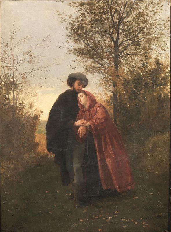 Edouard Alexandre Sain (1830-1910)   SCENA ROMANTICA CON COPPIA DI GIOVANI INNAMORATI SU SFONDO BOSCHIVO AUTUNNALE AL TRAMONTO olio su tela, cm. 84X61, firmato in basso a sinistra, riportato su tela