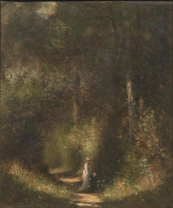 Artista del sec. XIX   PAESAGGIO, BOSCHIVO CON STRADA E GENTILDONNA CON BAMBINA A PASSEGGIO  olio su tavola, cm 36,5X31,5, indistintamente firmato in basso a destra