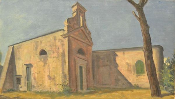 Gianfilippo Usellini ( Milano 1903-Arona 1971 )  SCORCIO DI CHIESA AD ISCHIA  olio su cartoncino, cm 40x68