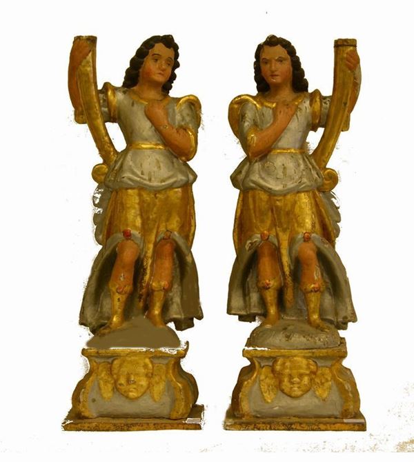 Due sculture, Italia centrale, sec. XVIII, in legno laccato, alt. cm 73, difetti e mancanze ( 2 )