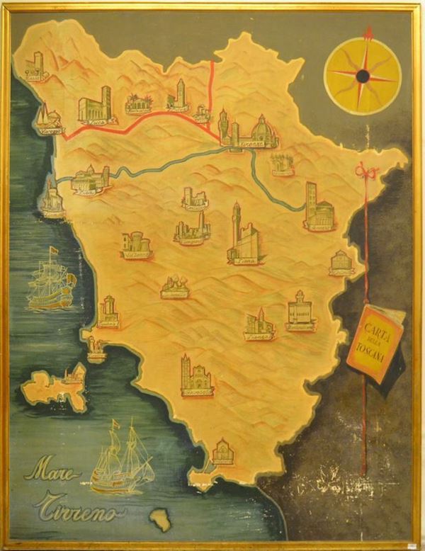 Silvio Polloni ( Firenze 1888-1972 )  CARTA DELLA TOSCANA  tecnica mista su tavola, cm 191x250
