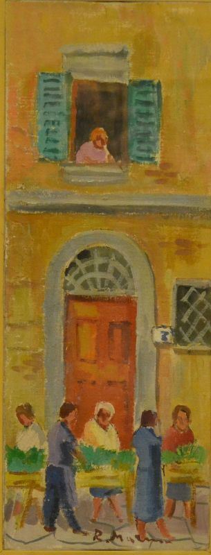 Rodolfo Marma ( 1923-1998 )  MERCATINO  olio su cartoncino telato, cm 16x39
