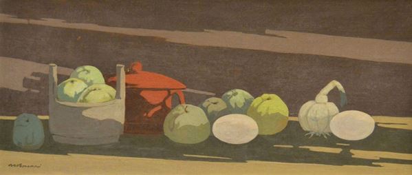 Marcello Boccacci ( 1914-1996 )  NATURA MORTA  olio su cartoncino, cm 30x70