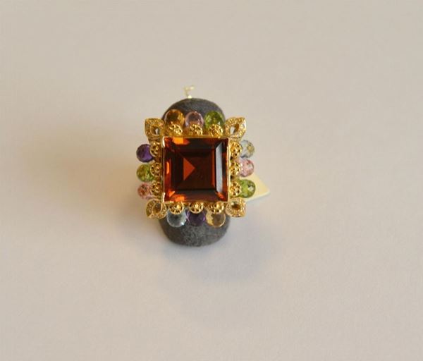 Anello in oro giallo con quarzo citrino e pietre  mix g 17,2 Inv. 17