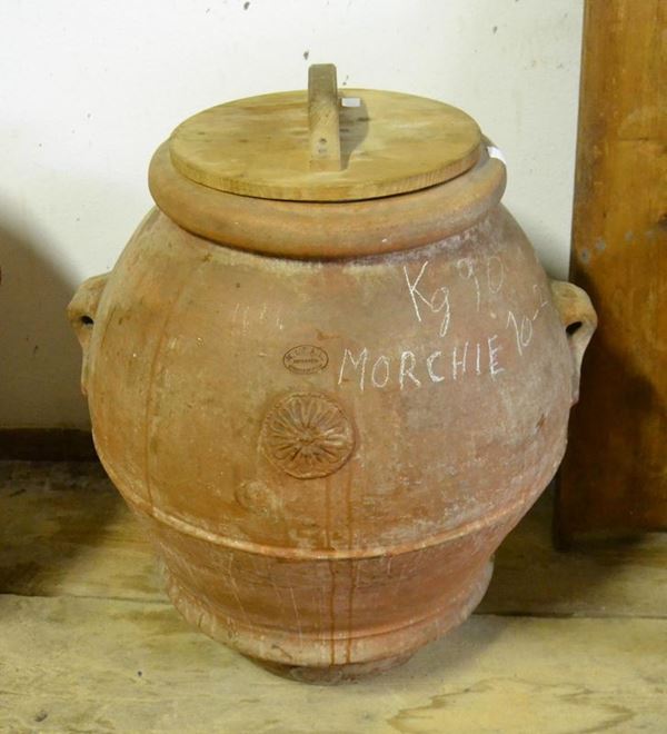  Orcio, sec. XX, in terracotta, manifattura M.I.T.A.L. Impruneta, alt. cm 77, diam. cm 70 