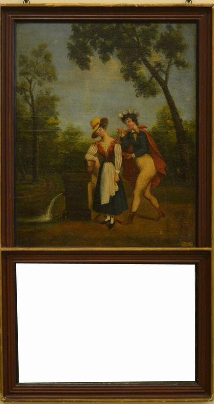  Caminiera, Francia, fine sec. XVIII, base a specchio, parte superiore con dipinto SCENA GALANTE, olio su tela, in cornice in legno laccato, cm 65x120, difetti 