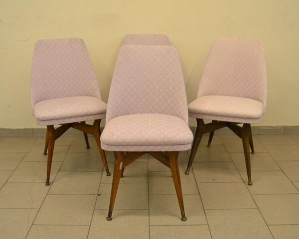 Quattro poltroncine, anni 70, imbottite e ricoperte in stoffa rosa ( 4
