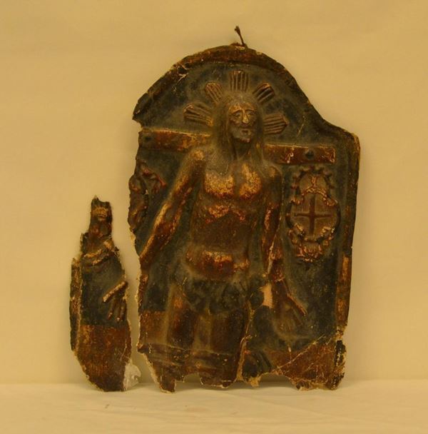  Altorilievo, sec. XVII, ECCE HOMO, in cartapesta, alt. cm 40, rotture e mancanze 