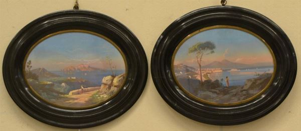  Scuola Napoletana, inizi sec. XX, PAESAGGI, due gouache ovali, cm 24,5x19, firmate 