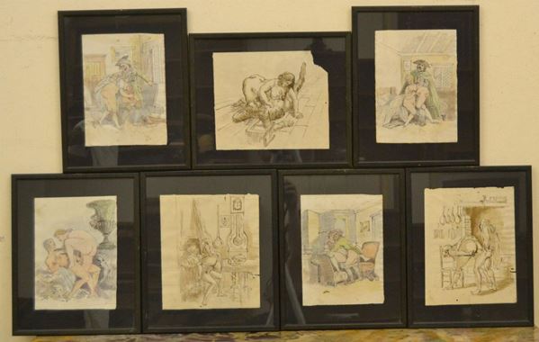  Scuola Francese, sec. XIX, SCENE EROTICHE, sette disegni su carta ( 7 )                                              
