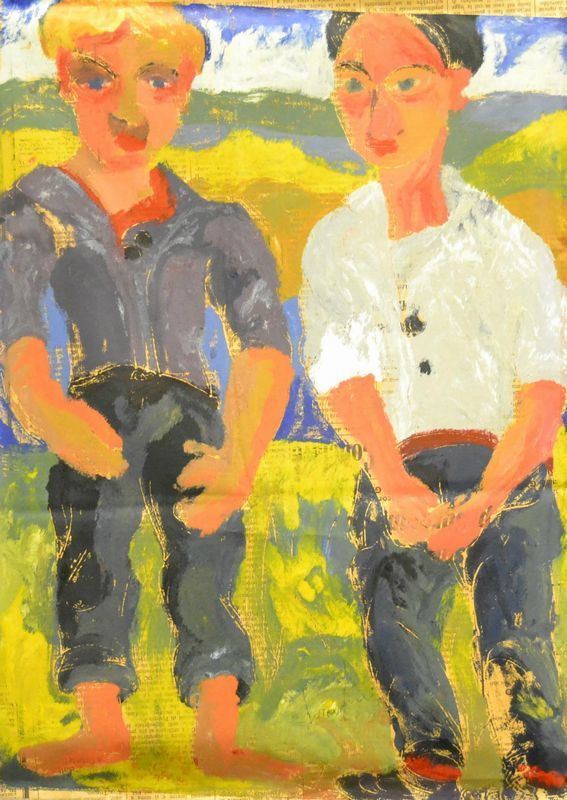  Giuseppe Serafini ( 1915-1987 ) FIGURE, olio su carta di giornale, cm 30x40 
