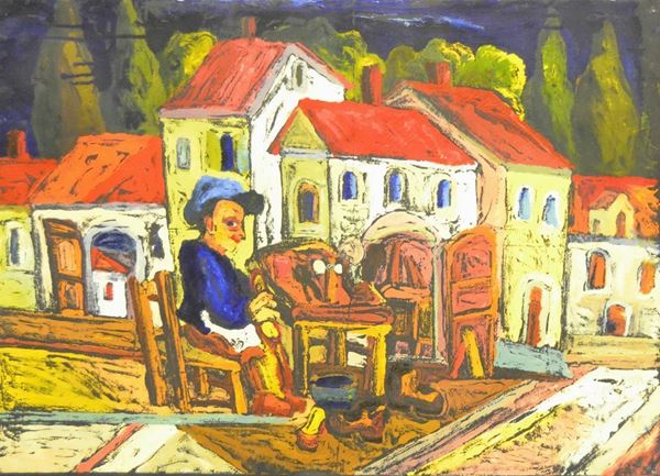  Giuseppe Serafini ( 1915-1987 ) FIGURA AL PIANO, olio su carta, cm 50x68,5 