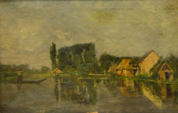  Scuola Nord Europea, sec. XIX, PAESAGGIO CON FIGURE, olio su tela, cm 27x41 