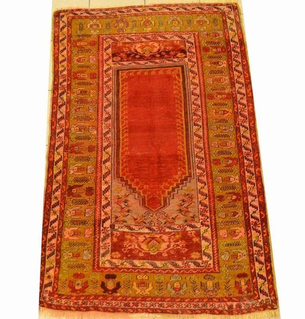  Preghiera, Turchia, inizi sec. XX, fondo rosso e azzurro con bordi beige, cm 165x102 
