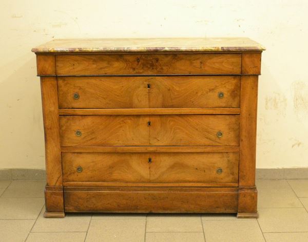  Cassettone, Francia, fine sec. XIX, in radica di noce, a cinque cassetti, piano in marmo, cm 118x57x93 