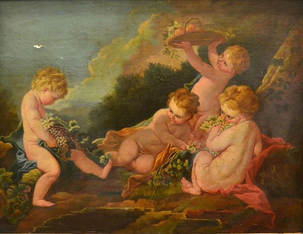  Scuola Italiana, sec. XVIII, ALLEGORIA DELLA FRUTTA CON PUTTI, olio su tela, cm 86x112, rintelato, difetti e restauri 