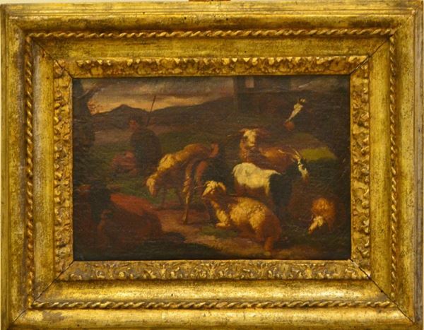  Scuola Italiana, sec. XVIII, SCENA PASTORALE, olio su tela, cm 19x29                                               