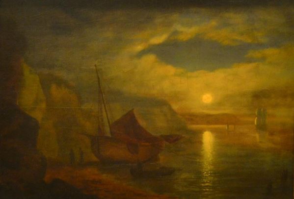  Scuola Italiana, sec. XIX, PAESAGGIO MARINO, olio su tavoletta, cm 21x30                                                    