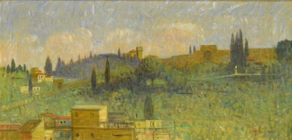  Francesco Pagliazzi ( Reggello 1910-Palazzuolo sul Seno 1988 ) COLLINA FIORENTINA, tecnica mista su tela, datato 1968, cm 40x80 