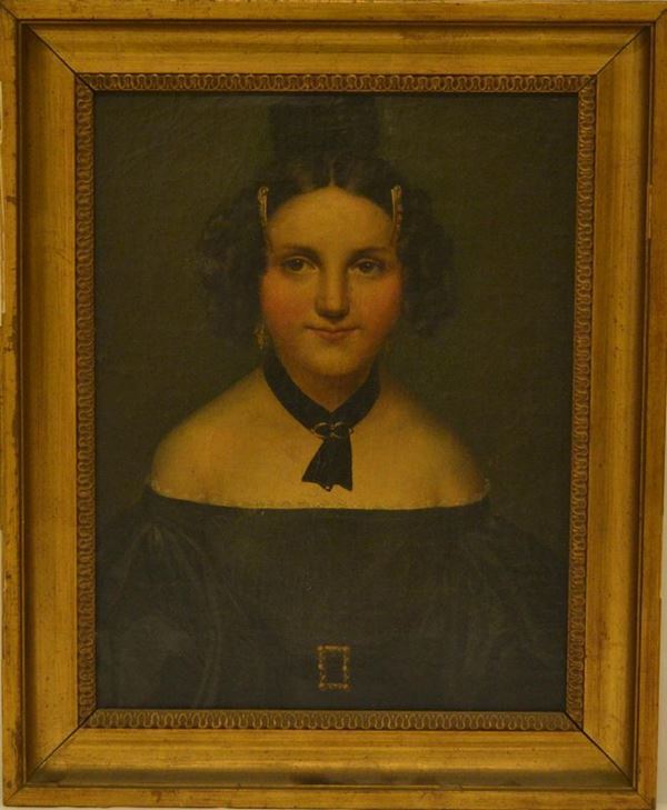  Scuola Lombarda, sec. XIX, RITRATTO FEMMINILE, olio su tela, cm 35x27 