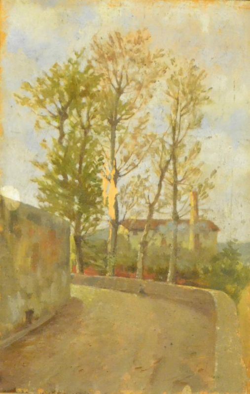  Scuola Italiana, inizi sec. XX, STRADA, olio su tavoletta, cm 12,5x20, difetti 