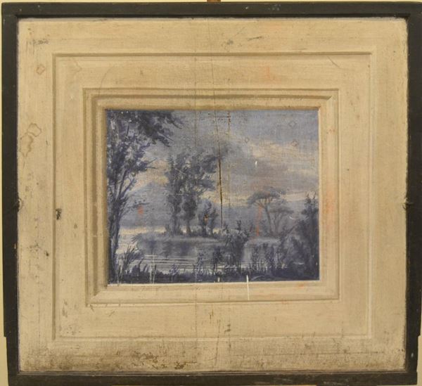 Pannello parafuoco, sec. XIX, con tela pitturata a PAESAGGIO, cm 120x110, difetti 